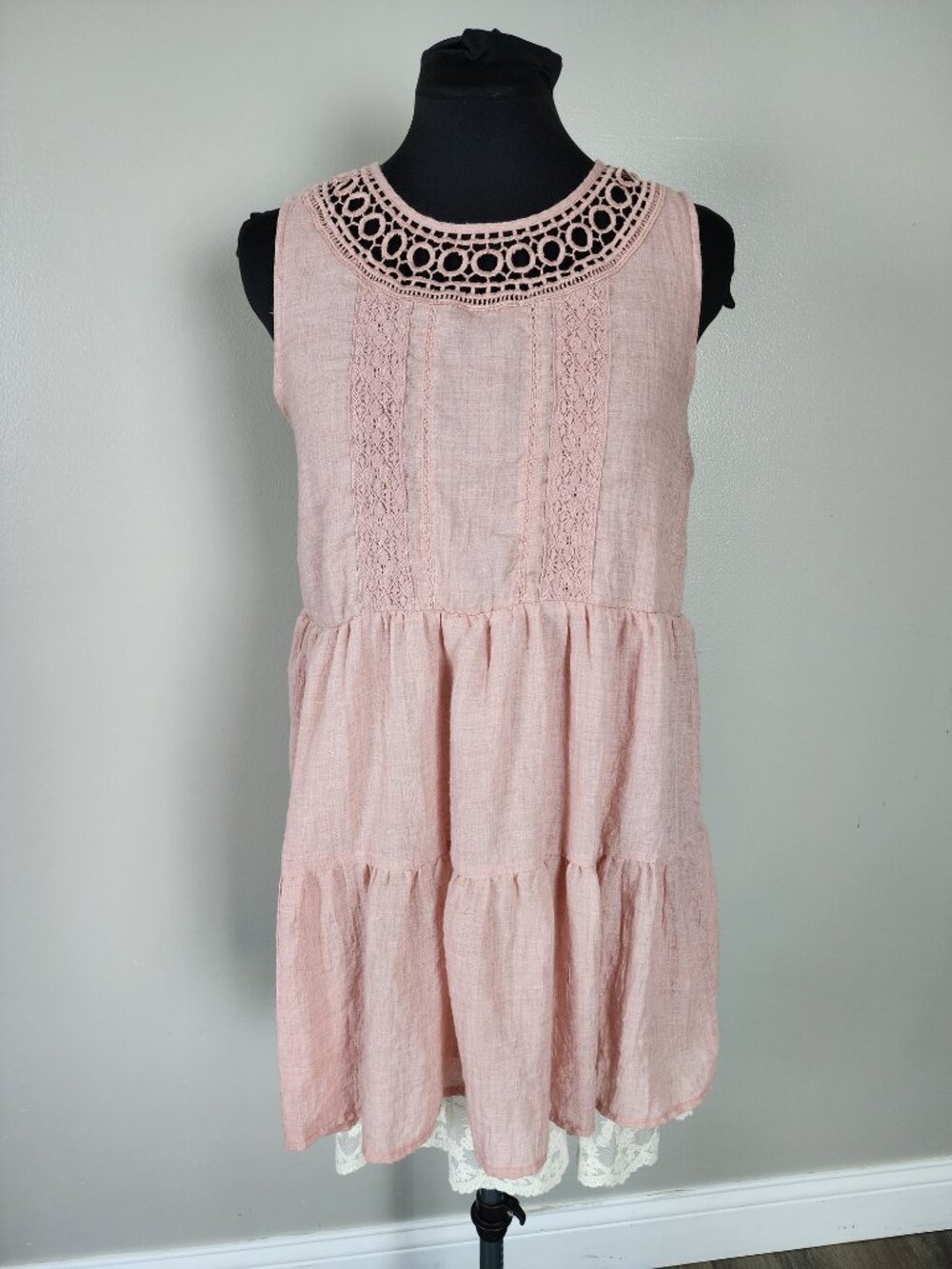 Umgee Babydoll Small Pink Cotton Gauze Dress Tiered Ruffle Lace Feminine Boho